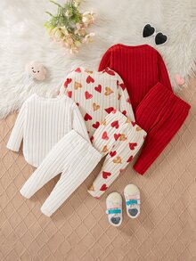 SHEIN Playful Pals 3 Sets Baby Casual Outfit Sets,Ribbed Texture,Heart Print Crewneck Long‑Sleeve Tops Matching Pants, Multi‑Color, For Daily Festival Photo,Fall Winter - Red - View 2