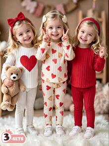SHEIN Playful Pals 3 Sets Baby Casual Outfit Sets,Ribbed Texture,Heart Print Crewneck Long‑Sleeve Tops Matching Pants, Multi‑Color, For Daily Festival Photo,Fall Winter - Red - View 1