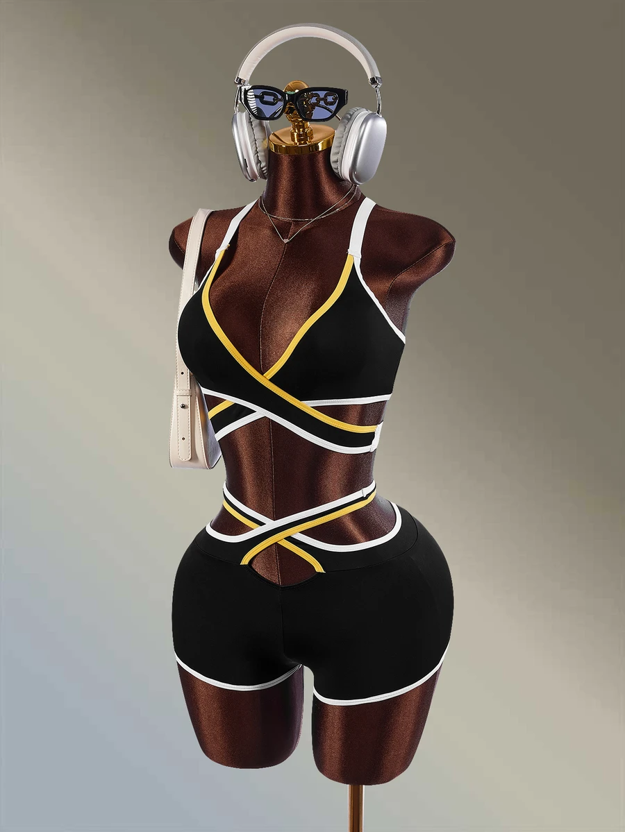Amplova Women's Black & White Contrast Trim Cross-Back Sports Bra & Cross-Waist Tight Shorts Set - Black and White - View 1