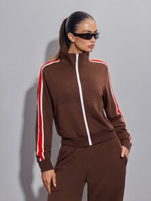 SHEIN ICON Women's Casual Contrast Color Striped Stand Collar Sweatshirt - Brown - View 6