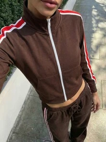 SHEIN ICON Women's Casual Contrast Color Striped Stand Collar Sweatshirt - Brown - View 7