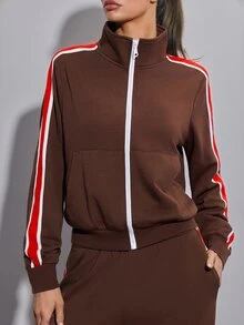 SHEIN ICON Women's Casual Contrast Color Striped Stand Collar Sweatshirt - Brown - View 8