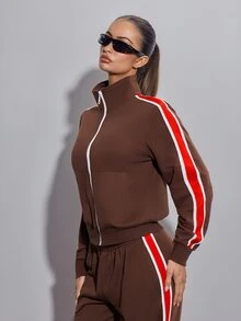 SHEIN ICON Women's Casual Contrast Color Striped Stand Collar Sweatshirt - Brown - View 5