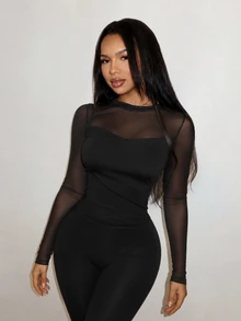 SHEIN SXY Sexy Contrast Lace Keyhole Back Tee Night Out Club Black Autumn - Black - View 4