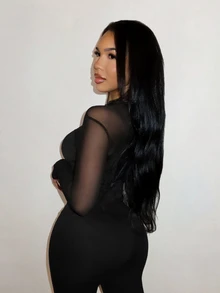 SHEIN SXY Sexy Contrast Lace Keyhole Back Tee Night Out Club Black Autumn - Black - View 5