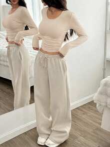 SHEIN EZwear 杏色女士休闲百褶短款上衣和阔腿抽绳腰裤套装 - 杏色 - 查看 6