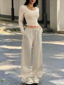 SHEIN EZwear 杏色女士休闲百褶短款上衣和阔腿抽绳腰裤套装 - 杏色 - 查看 5