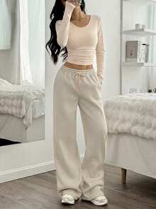 SHEIN EZwear 杏色女士休闲百褶短款上衣和阔腿抽绳腰裤套装 - 杏色 - 查看 3
