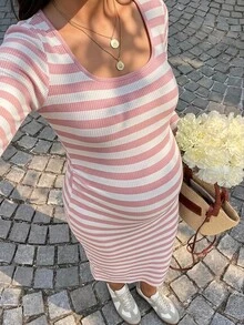Lyckli Maternity Striped Square Neck Long Sleeve Fitted Casual Dress Fall - Pink - View 2