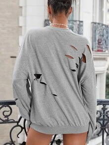 SHEIN ICON 實色撕裂式下垂肩運動衫 - 灰色 - 查看 8