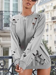 SHEIN ICON 實色撕裂式下垂肩運動衫 - 灰色 - 查看 7