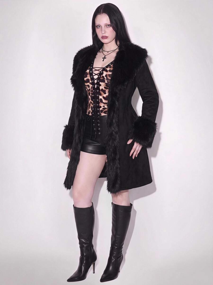 SHEIN ICON Plus Size Black Y2K Cinched Waist A-Line Faux Fur Collar Long Coat, Autumn/Winter - Black - View 1