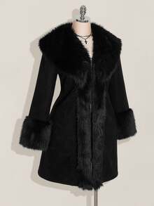 SHEIN ICON Plus Size Black Y2K Cinched Waist A-Line Faux Fur Collar Long Coat, Autumn/Winter - Black - View 9