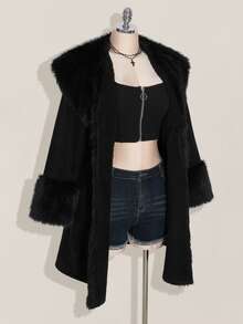 SHEIN ICON Plus Size Black Y2K Cinched Waist A-Line Faux Fur Collar Long Coat, Autumn/Winter - Black - View 13