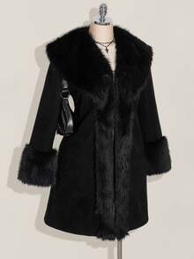 SHEIN ICON Plus Size Black Y2K Cinched Waist A-Line Faux Fur Collar Long Coat, Autumn/Winter - Black - View 8