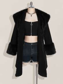 SHEIN ICON Plus Size Black Y2K Cinched Waist A-Line Faux Fur Collar Long Coat, Autumn/Winter - Black - View 12