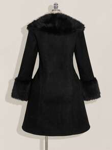 SHEIN ICON Plus Size Black Y2K Cinched Waist A-Line Faux Fur Collar Long Coat, Autumn/Winter - Black - View 14