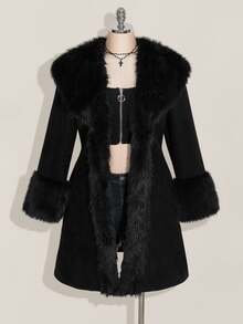SHEIN ICON Plus Size Black Y2K Cinched Waist A-Line Faux Fur Collar Long Coat, Autumn/Winter - Black - View 3