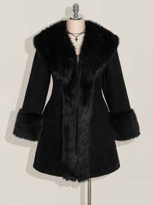 SHEIN ICON Plus Size Black Y2K Cinched Waist A-Line Faux Fur Collar Long Coat, Autumn/Winter - Black - View 5