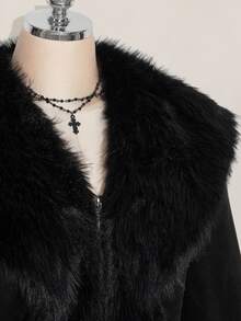 SHEIN ICON Plus Size Black Y2K Cinched Waist A-Line Faux Fur Collar Long Coat, Autumn/Winter - Black - View 10
