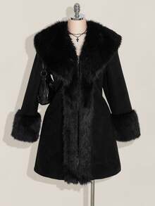 SHEIN ICON Plus Size Black Y2K Cinched Waist A-Line Faux Fur Collar Long Coat, Autumn/Winter - Black - View 7