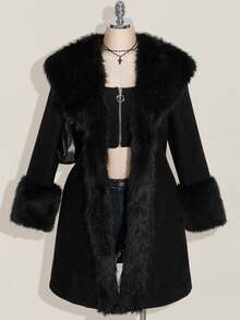 SHEIN ICON Plus Size Black Y2K Cinched Waist A-Line Faux Fur Collar Long Coat, Autumn/Winter - Black - View 2