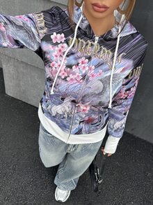 SHEIN ICON Women's Vintage Floral & Animal Print Drawstring Hooded Sweatshirt In Fall/Winter - Multicolor - View 4