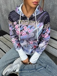 SHEIN ICON Women's Vintage Floral & Animal Print Drawstring Hooded Sweatshirt In Fall/Winter - Multicolor - View 7