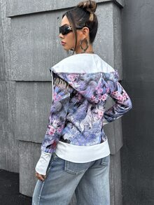 SHEIN ICON Women's Vintage Floral & Animal Print Drawstring Hooded Sweatshirt In Fall/Winter - Multicolor - View 2