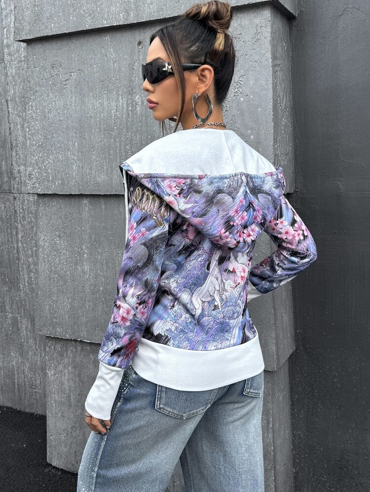 SHEIN ICON Women's Vintage Floral & Animal Print Drawstring Hooded Sweatshirt In Fall/Winter - Multicolor - View 2