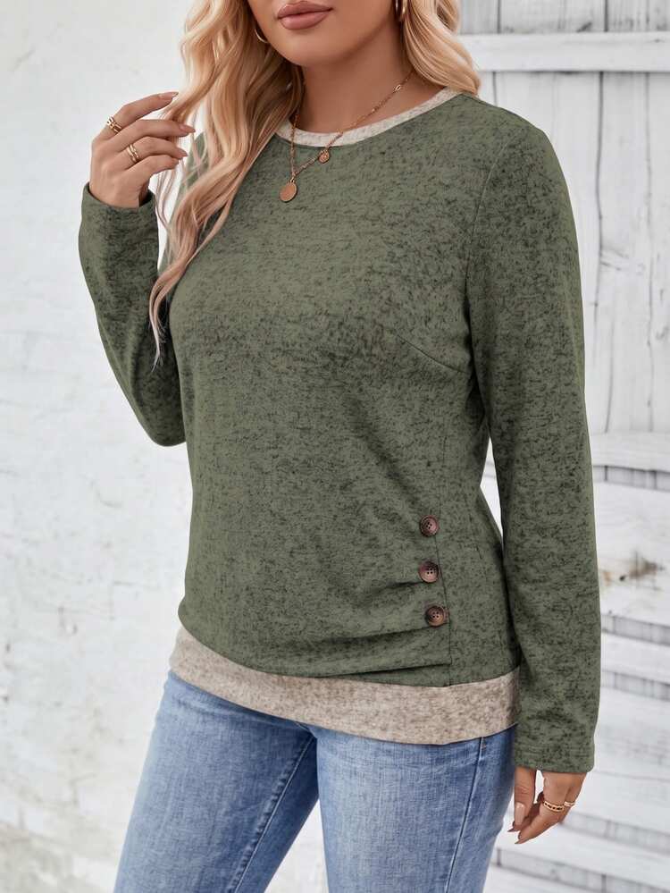 SHEIN LUNE New Plus Size Women's Fashion Casual Round Neck Long Sleeve T-Shirt - Army Green - View 6