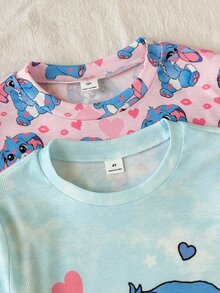 SHEIN Tween女孩4件組粉藍卡通圓領長袖上衣與長褲套裝，柔軟舒適家居睡衣套裝，秋冬長袖長褲居家服，Tween女孩修身秋冬套裝 - 彩色 - 查看 4
