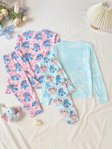 SHEIN Tween女孩4件組粉藍卡通圓領長袖上衣與長褲套裝，柔軟舒適家居睡衣套裝，秋冬長袖長褲居家服，Tween女孩修身秋冬套裝 - 彩色 - 查看 10