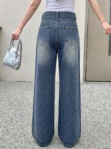 DAZY Women's Pocket Button Loose Wide Leg Denim Jeans School Cute Tops - Blue - View 2