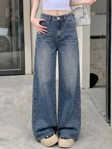DAZY Women's Pocket Button Loose Wide Leg Denim Jeans School Cute Tops - Blue - View 4
