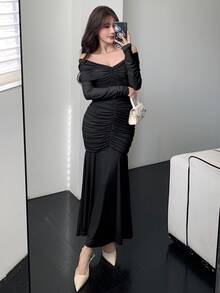 DAZY Spring & Summer Elegant Solid Color Off Shoulder Gathered Formal Black Midi Dress For Women,Fall Long Sleeve Dress Prom Dress - Black - View 5