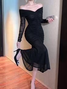 DAZY Spring & Summer Elegant Solid Color Off Shoulder Gathered Formal Black Midi Dress For Women,Fall Long Sleeve Dress Prom Dress - Black - View 7