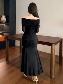 DAZY Spring & Summer Elegant Solid Color Off Shoulder Gathered Formal Black Midi Dress For Women,Fall Long Sleeve Dress Prom Dress - Black - View 2