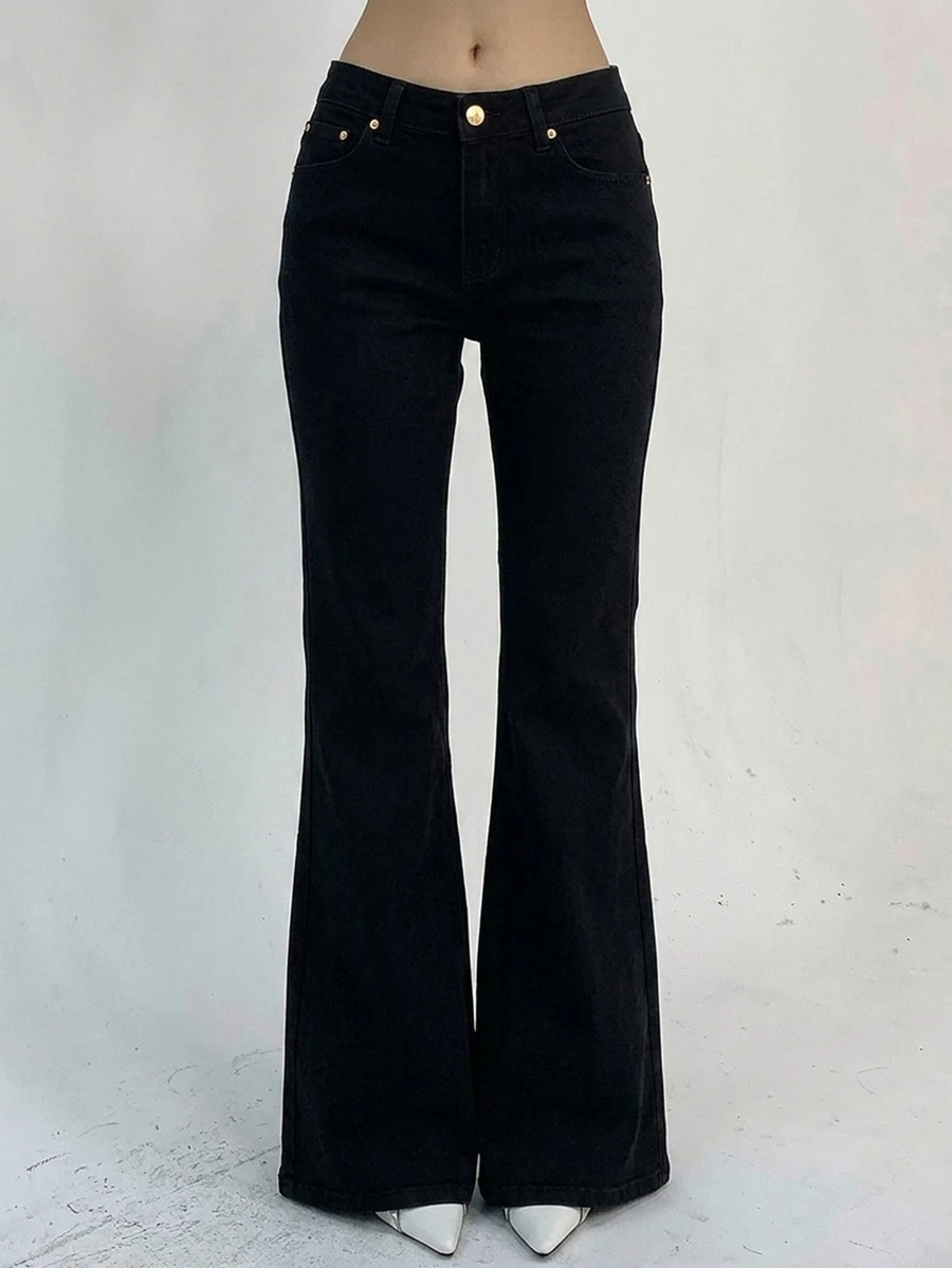 DAZY Damnsmälta jeans med knappar, halvslits, metallspännedekor, fickor och figursydd flare-modell - Svart - Visa 1