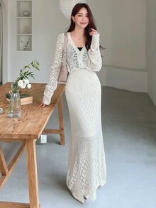 DAZY Solid Pointelle Knit Cardigan & Knit Skirt,Back To School Clothes Fall - Beige - View 5