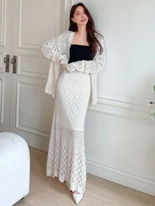 DAZY Solid Pointelle Knit Cardigan & Knit Skirt,Back To School Clothes Fall - Beige - View 7