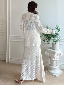 DAZY Solid Pointelle Knit Cardigan & Knit Skirt,Back To School Clothes Fall - Beige - View 2
