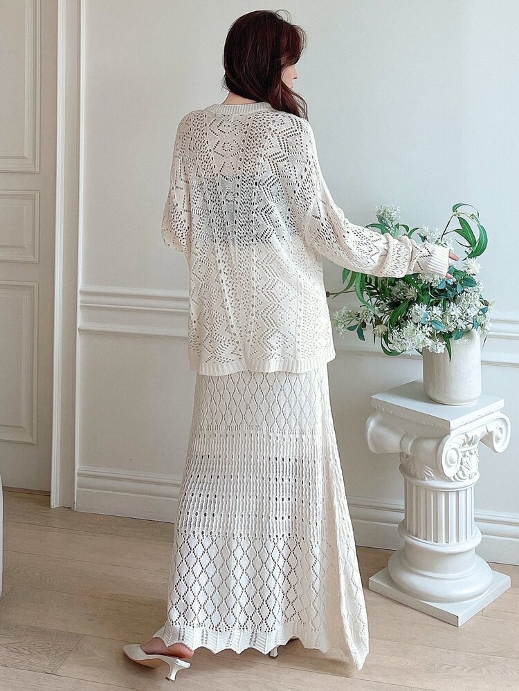 DAZY Solid Pointelle Knit Cardigan & Knit Skirt,Back To School Clothes Fall - Beige - View 2