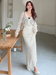 DAZY Solid Pointelle Knit Cardigan & Knit Skirt,Back To School Clothes Fall - Beige - View 3