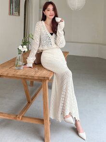 DAZY Solid Pointelle Knit Cardigan & Knit Skirt,Back To School Clothes Fall - Beige - View 1