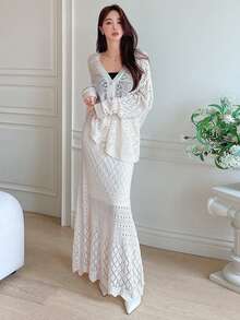 DAZY Solid Pointelle Knit Cardigan & Knit Skirt,Back To School Clothes Fall - Beige - View 4