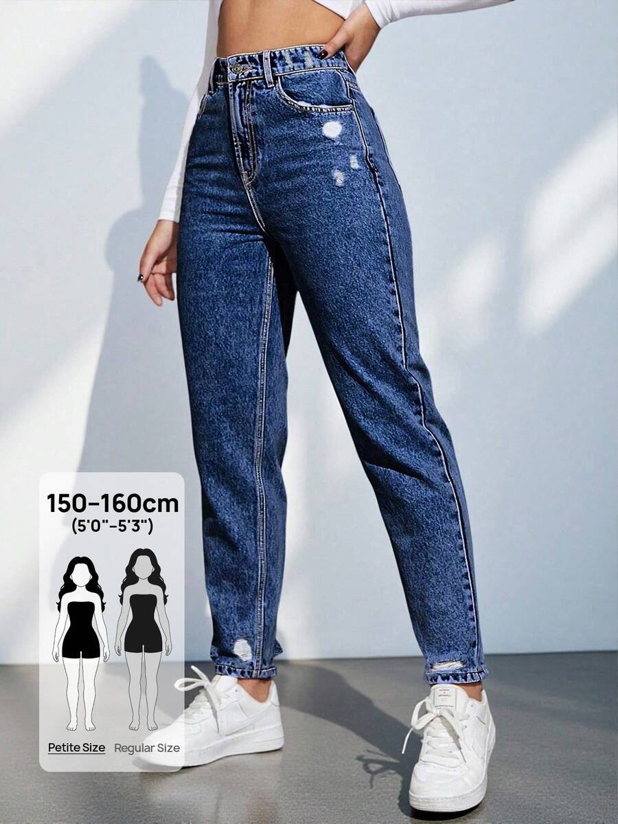 SHEIN PETITE Women's Casual Versatile Daily Travel Denim Jeans With Pockets And Buttons School Travel Navy Blue Autumn