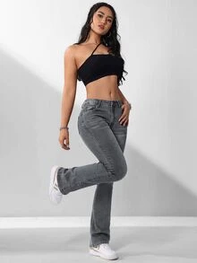 SHEIN ICON 女式休闲破洞低腰修身喇叭腿牛仔裤 - 黑色 - 查看 3