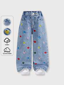 SHEIN 女童彩色愛心刺繡少女圖案淺藍色牛仔寬鬆長褲 - 淺色水洗藍 - 查看 4