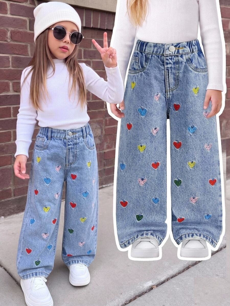 SHEIN Girls' Colorful Heart Embroidered Young Girl Pattern Light Blue Denim Loose Fit Long Pants